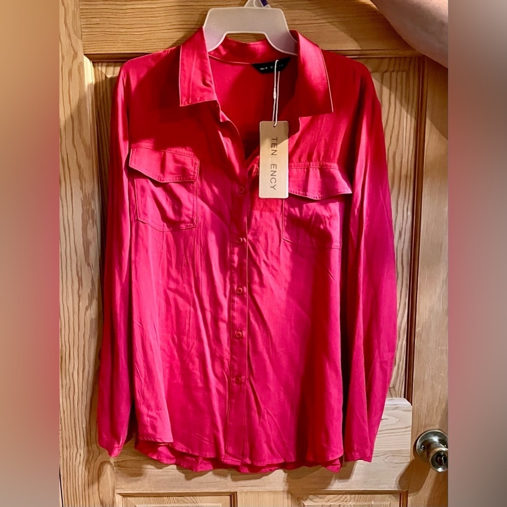 NWT Tendency All Silk Hot Pink Blouse M Barbiecore Fuchsia Lux Dopamine Dressing - Picture 3 of 12